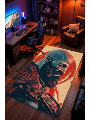 Charmbi God Of War Kratos Desenli Kaymaz Taban Makinede Yıkanabilir Gaming Oyuncu Gamer Genç Odası Halısı