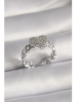 Calperia Pirinç Gümüş Renk Zirkon Taşlı Kalp Model Kadın Yüzük