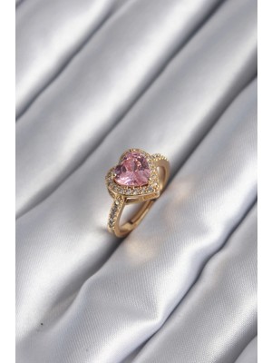 Calperia Pirinç Gold Renk Pembe Zirkon Taşlı Charm Kalp Model Kadın Yüzük