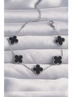 Calperia 316L Çelik Gümüş Renk Siyah Mineli Yonca Bileklik