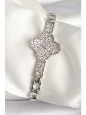 Calperia Pirinç Gümüş Renk Zirkon Taşlı Yonca Model Kadın Bileklik