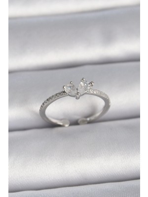 Calperia Pirinç Gümüş Renk Ayaralanabilir Zirkon Taşlı Kalp Model Kadın Yüzük