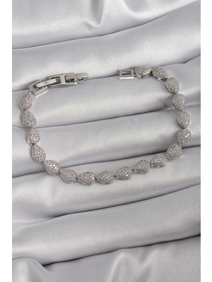 Calperia Pirinç Gümüş Renk Zirkon Taşlı Damla Model Vıp Seri Kadın Bileklik