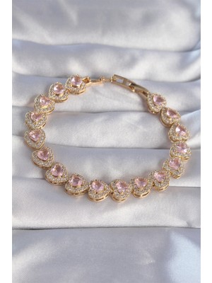 Calperia Vip Seri Pirinç Gold Renk Pembe Zirkon Taşlı Kalp Tasarımlı Bileklik