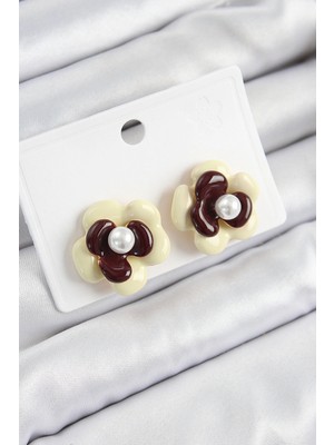 Calperia Inci Detaylı Krem Kahverengi Renk Papatya Model Kadın Küpe