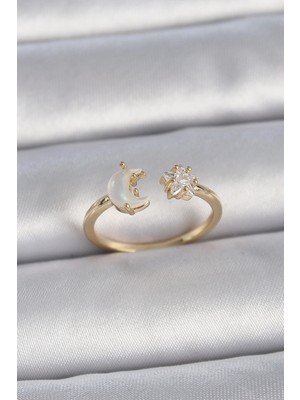 Calperia Pirinç Gold Renk Incili Hilal Zirkon Taşlı Yıldız Ayarlanabilir Model Kadın Yüzük