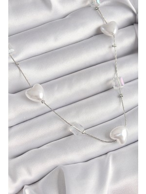 Calperia Pirinç Gümüş Renk Beyaz Inci Kalp Model Kadın Kolye