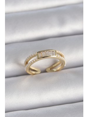 Calperia Pirinç Gold Renk Ayarlanabilir Sıralı Incili Zirkon Taş Detaylı Kadın Yüzük