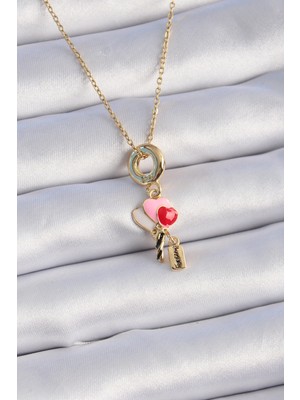 Calperia 316L Çelik Gold Renk Renkli Kalp Figür Charm Model Kadın Kolye