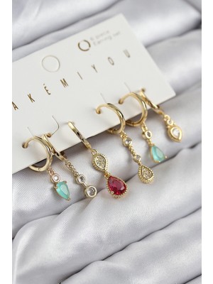 Calperia Pirinç Zirkon Taşlı Sallantılı Model Gold Renk 6'lı Küpe Set
