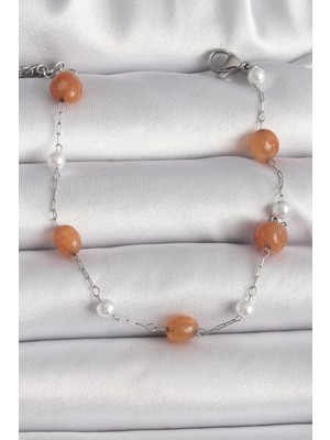 Calperia 316L Çelik Gümüş Renk Turuncu Doğaltaş Model Inci Detay Kadın Bileklik