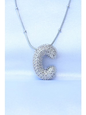 Calperia 316L Çelik Zincirli Zirkon Taşlı C Harfli Gümüş Renk Bubble Kolye