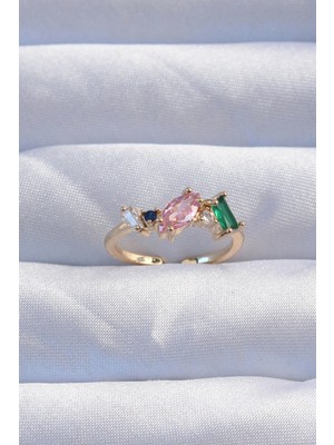 Calperia Pirinç Gold Renk Renkli Zirkon Taşlı Ayarlanabilir Yüzük