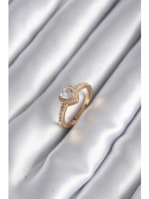Calperia Pirinç Gold Renk Zirkon Taşlı Kalp Charm Model Kadın Yüzük