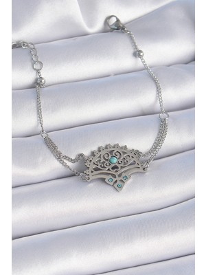 Calperia 316L Çelik Gümüş Renk Mavi Taşlı Etnik Desen Kadın Bileklik