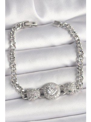 Calperia Pirinç Gümüş Renk Zirkon Taşlı Leopar Figür Zincir Model Kadın Bileklik