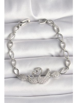 Calperia Pirinç Gümüş Renk Zirkon Taşlı Kuğu Figür Damla Zincir Model Kadın Bileklik