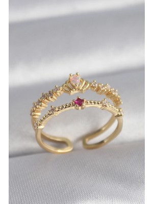Calperia Pirinç Gold Renk Zirkon Taşlı Taç Model Kadın Yüzük