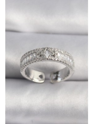 Calperia Pirinç Gümüş Renk Zirkon Taşlı Yıldız Işleme Vıp Seri Kadın Yüzük