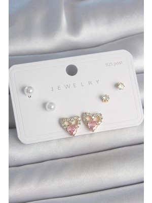 Calperia Pirinç Gold Renk Pembe Zirkon Taşlı Kalp Model Inci Detay 925 Ayar Kadın Küpe Seti