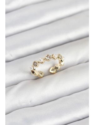 Calperia Pirinç Gold Renk Zirkon Taşlı Incili Kadın Yüzük