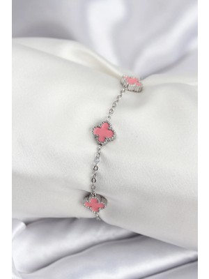 Calperia 316L Çelik Gümüş Renk Pembe Baby Boy Yonca Kadın Bileklik
