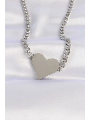 Calperia 316L Çelik Zincir Gümüş Renk Düz Plaka Kalp Kolye