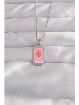 Calperia 316L Çelik Gümüş Renk Pembe Mineli Güneş Model Tarot Kolye