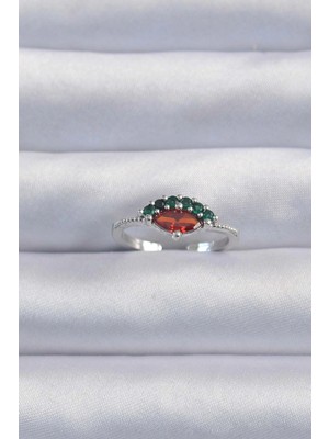 Calperia Pirinç Gümüş Renk Renkli Zirkon Taşlı Ayarlanabilir Karpuz Model Yüzük