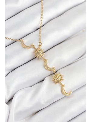 Calperia 316L Çelik Zirkon Taşlı Güneş ve Ay Model Gold Renk Kadın Kolye