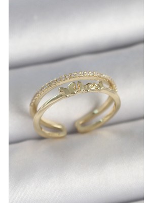 Calperia Pirinç Gold Renk 2'li Sıra Zirkon Taş Detaylı Kelebek Figürlü Ayarlanabilir Model Kadın Yüzük