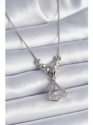 Calperia 316L Çelik Zincir Gümüş Renk Gingko Yaprağı Model Zirkon Taş Detay Kadın Kolye