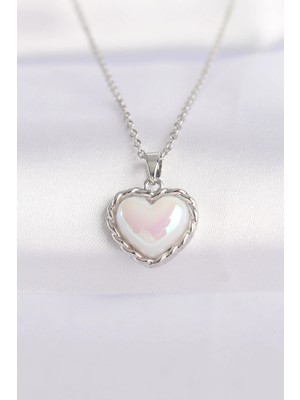 Calperia 316L Çelik Zincir Gümüş Renk Beyaz Taşlı Bombeli Kalp Kolye