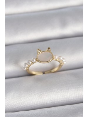Calperia Pirinç Gold Renk Ayarlanabilir Beyaz Mineli Kedi Model Inci Detay Kadın Yüzük