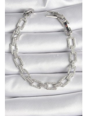 Calperia Pirinç Gümüş Renk Zirkon Taşlı Zincir Model Vıp Seri Kadın Bileklik