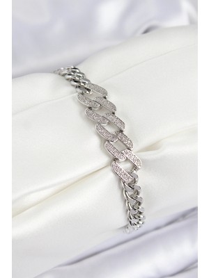 Calperia Pirinç Zirkon Taşlı Ezme Küba Zincir Model Gümüş Renk Kadın Bileklik