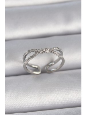 Calperia Pirinç Gümüş Renk Ayarlanabilir Zirkon Taşlı Sarmal Model Kadın Yüzük