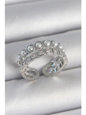 Calperia Pirinç Gümüş Renk 2'li Sıra Zirkon Taşlı ve Incili Ayarlanabilir Kadın Yüzük