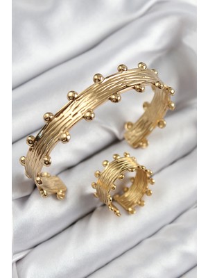 Calperia Pirinç Topcuk Model Gold Renk Bileklik Yüzük Set