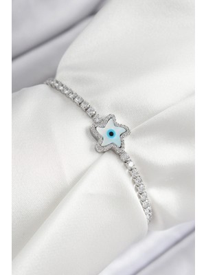 Calperia Pirinç Zirkon Taşlı Nazar Yıldız Model Gümüş Renk Asansörlü Kadın Bileklik