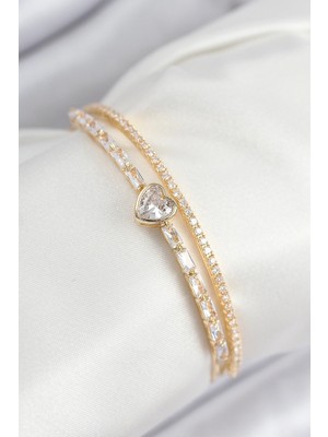 Calperia Pirinç Zirkon Taşlı Kalp Model Gold Renk Kadın Bileklik