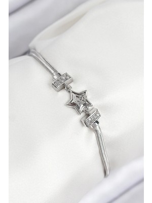 Calperia Pirinç Zirkon Taşlı Yıldız Model Gümüş Renk Kadın Bileklik