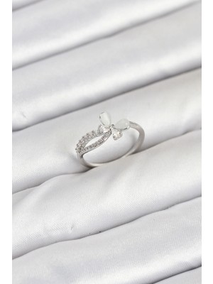 Calperia Pirinç Gümüş Renk Kelebek Zirkon Taşlı Kadın Yüzük