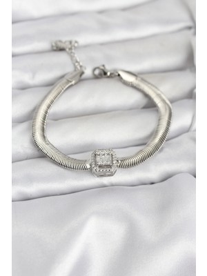 Calperia 316L Çelik Gümüş Renk Baget Zirkon Taşlı Yılan Zincirli Kadın Bileklik