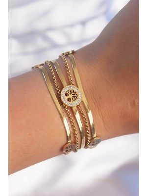 Calperia 316L Çelik Gold Renk Italyan Zincir Detaylı Zirkon Taşlı Yaşam Ağacı Tasarımlı Çoklu Bileklik