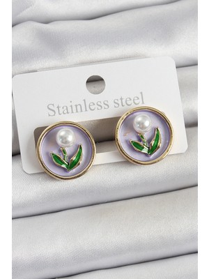 Calperia Pirinç Mor Mineli Lale Figürlü Sanatsal Portre Model Gold Renk Kadın Küpe