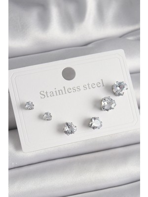 Calperia 316L Çelik Gümüş Renk Zirkon Taşlı Kalp Model Kadın Küpe Seti