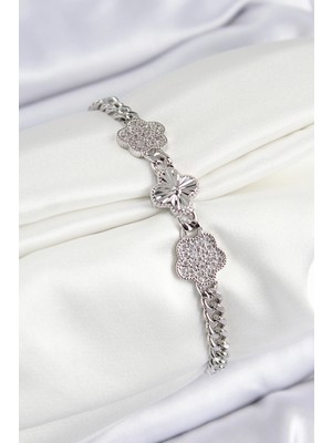 Calperia Pirinç Zirkon Taşlı Yonca Model Gümüş Renk Kadın Bileklik