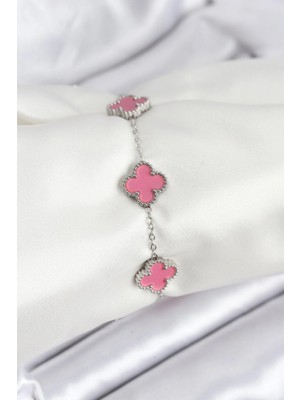 Calperia 316L Çelik Gümüş Zincir Pembe Renk Yonca Bileklik