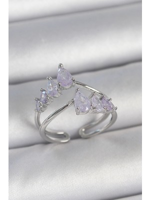 Calperia Pirinç Gümüş Renk Mor Damla Zirkon Taşlı Taç Model Kadın Yüzük
